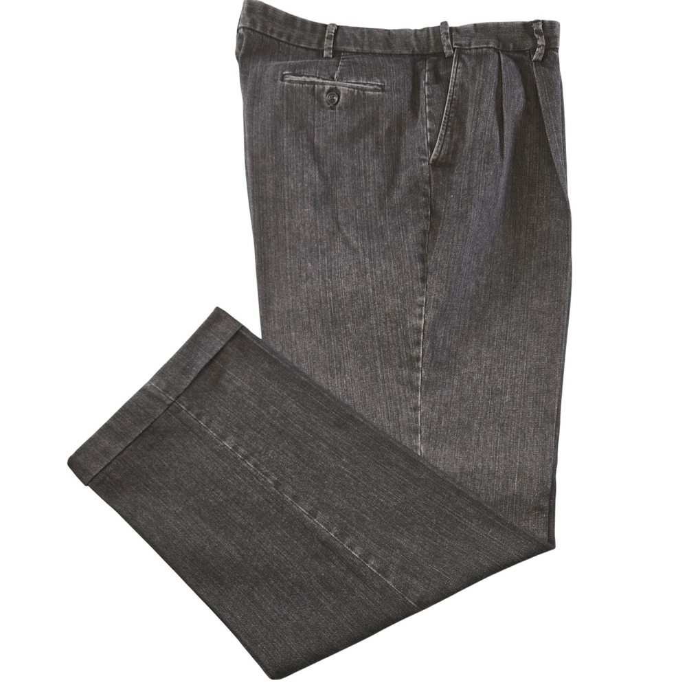 Berle Pants Mens 42x32 Gray Denim Pleated Cuffed Cotton Blend Classic Fit